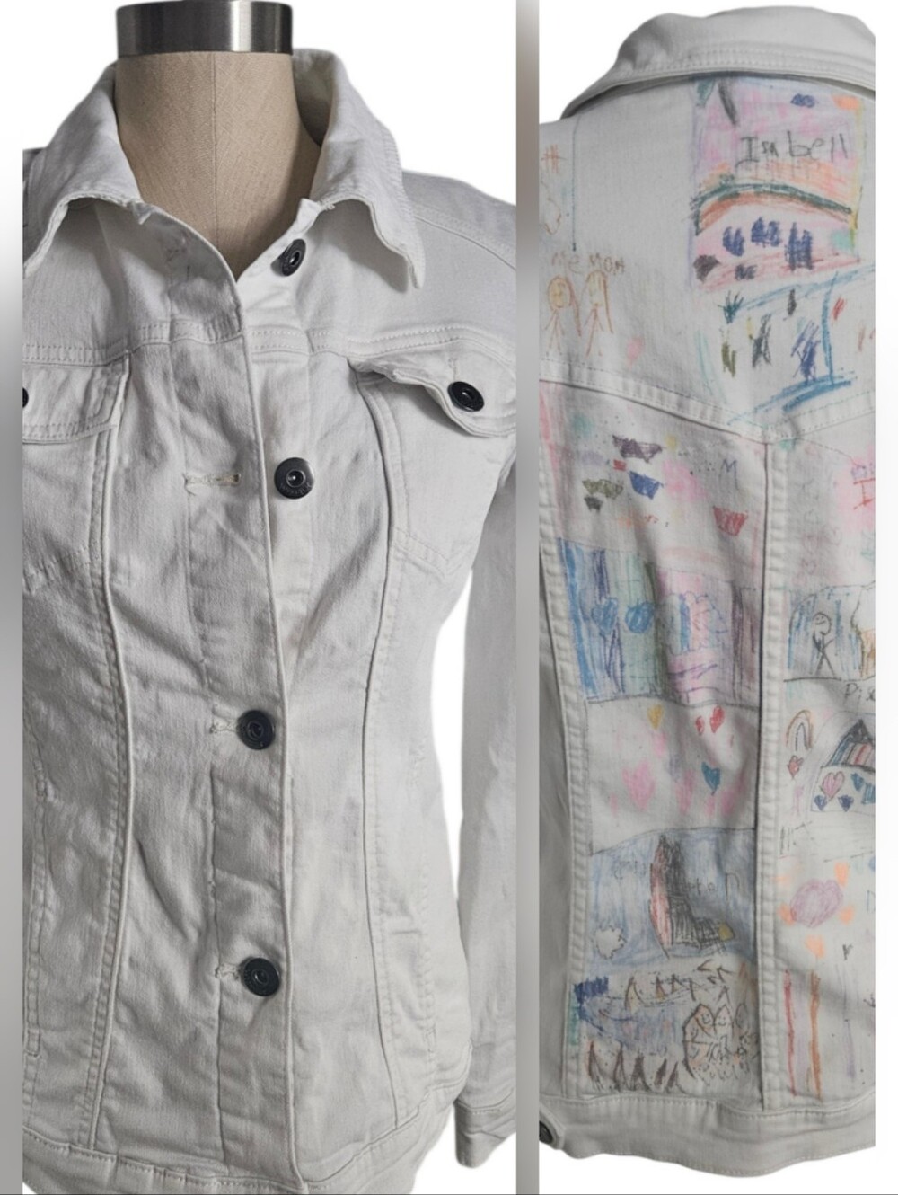 WRANGLER Custom Unique Kid's Art Design White Denim Trucker Jacket | SZ M